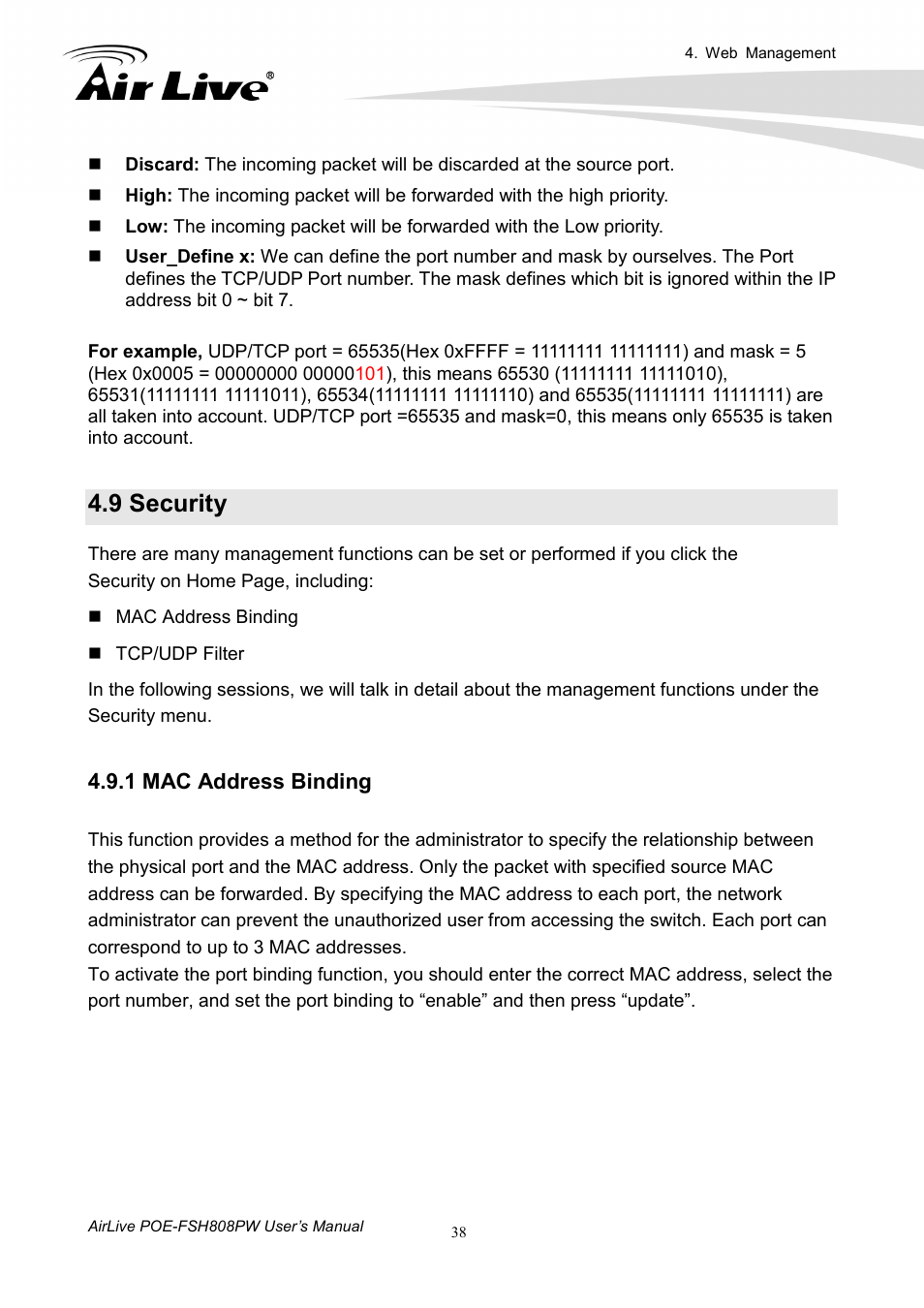 9 security, 1 mac address binding | AirLive POE-FSH808PW User Manual | Page 43 / 58