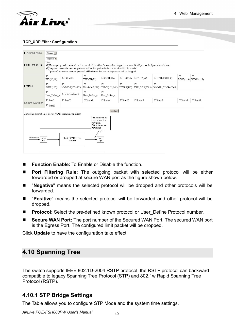 10 spanning tree, 1 stp bridge settings | AirLive POE-FSH808PW User Manual | Page 45 / 58