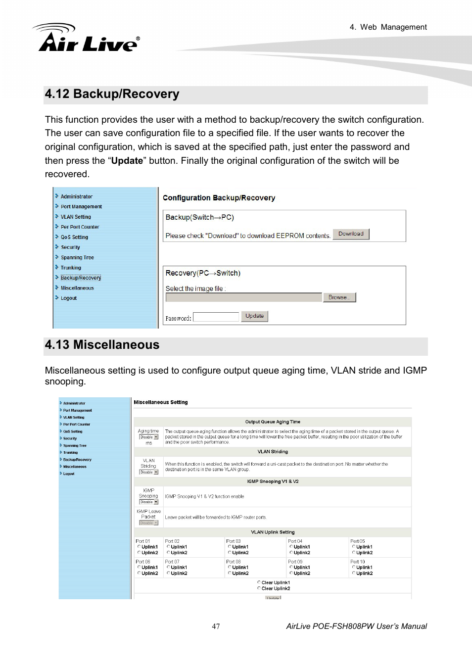 12 backup/recovery, 13 miscellaneous | AirLive POE-FSH808PW User Manual | Page 52 / 58