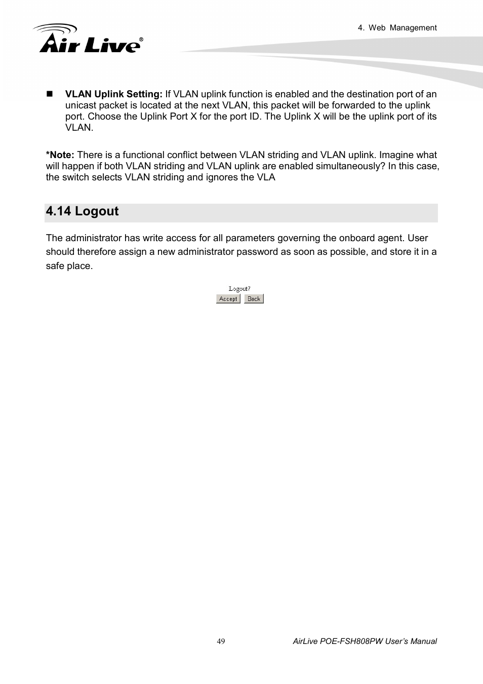 14 logout | AirLive POE-FSH808PW User Manual | Page 54 / 58