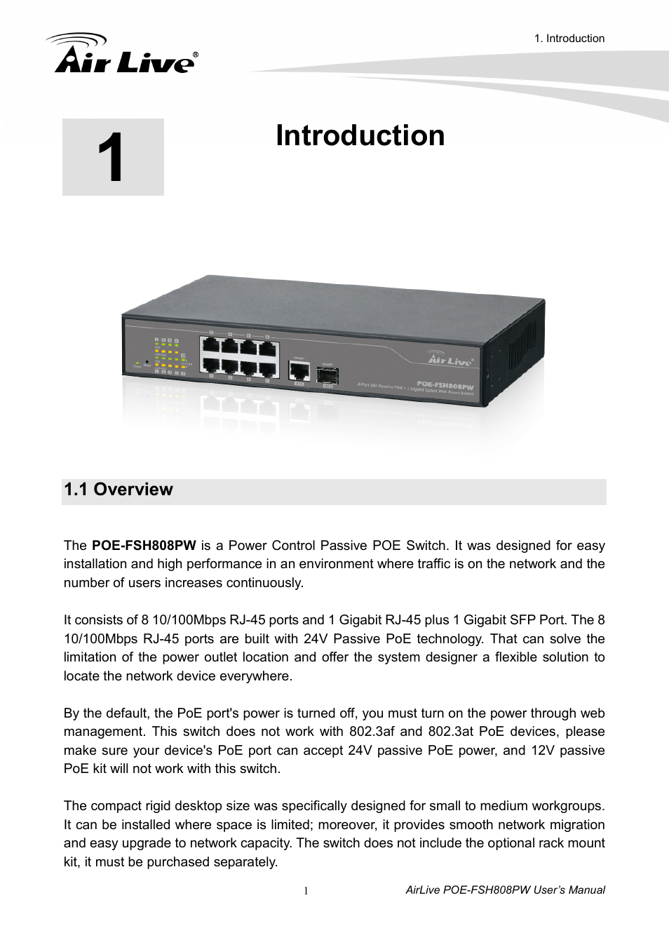 Introduction, 1 overview | AirLive POE-FSH808PW User Manual | Page 6 / 58