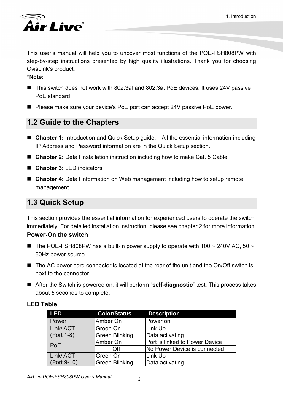 2 guide to the chapters, 3 quick setup | AirLive POE-FSH808PW User Manual | Page 7 / 58