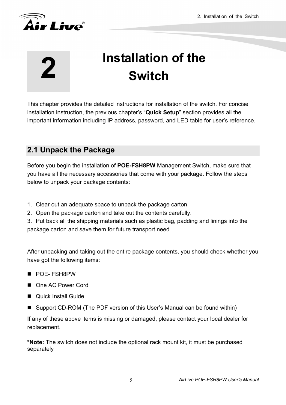 Installation of the switch, 1 unpack the package | AirLive POE-FSH8PW User Manual | Page 10 / 51