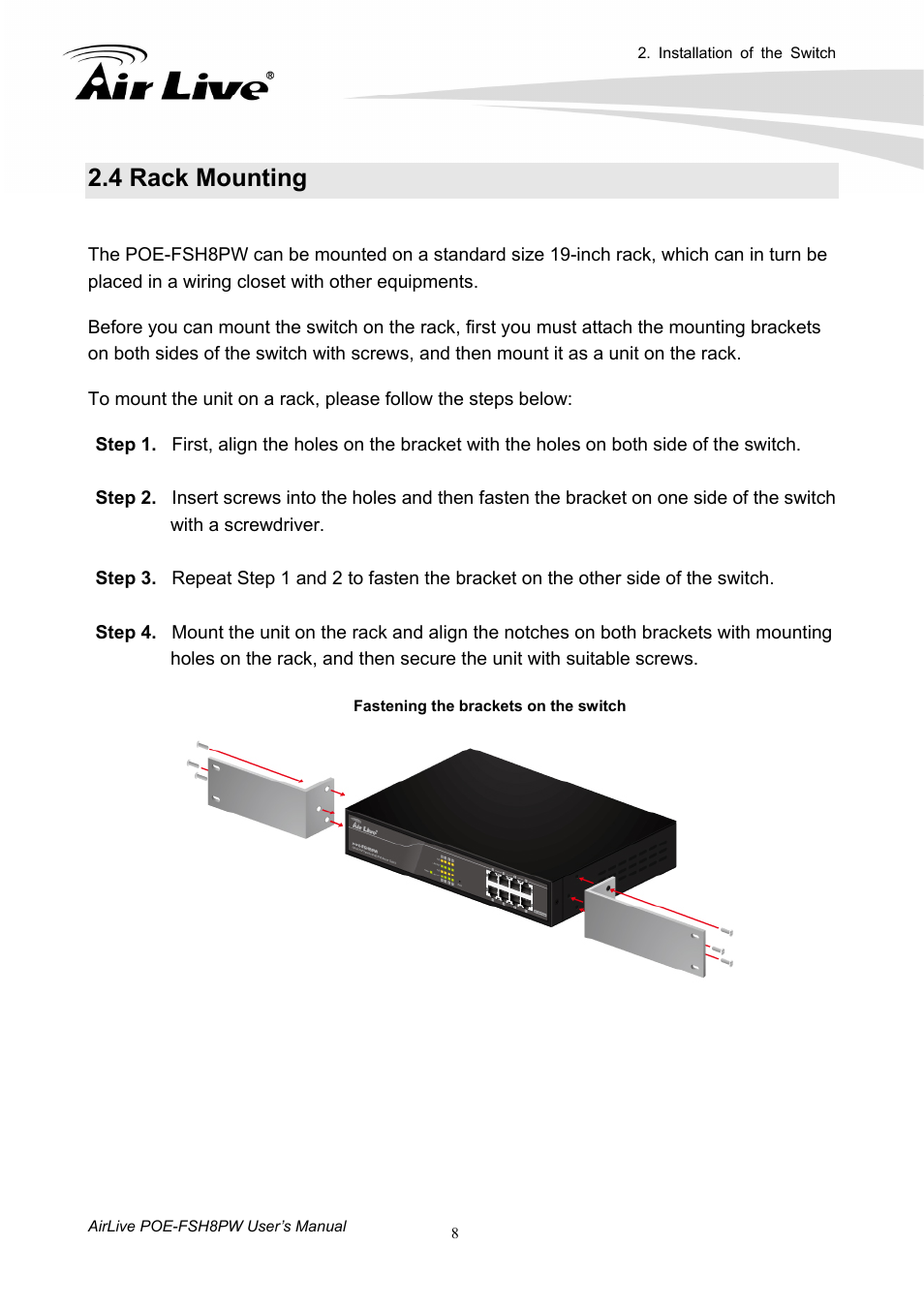 4 rack mounting | AirLive POE-FSH8PW User Manual | Page 13 / 51