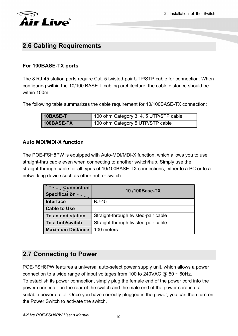 6 cabling requirements, 7 connecting to power | AirLive POE-FSH8PW User Manual | Page 15 / 51