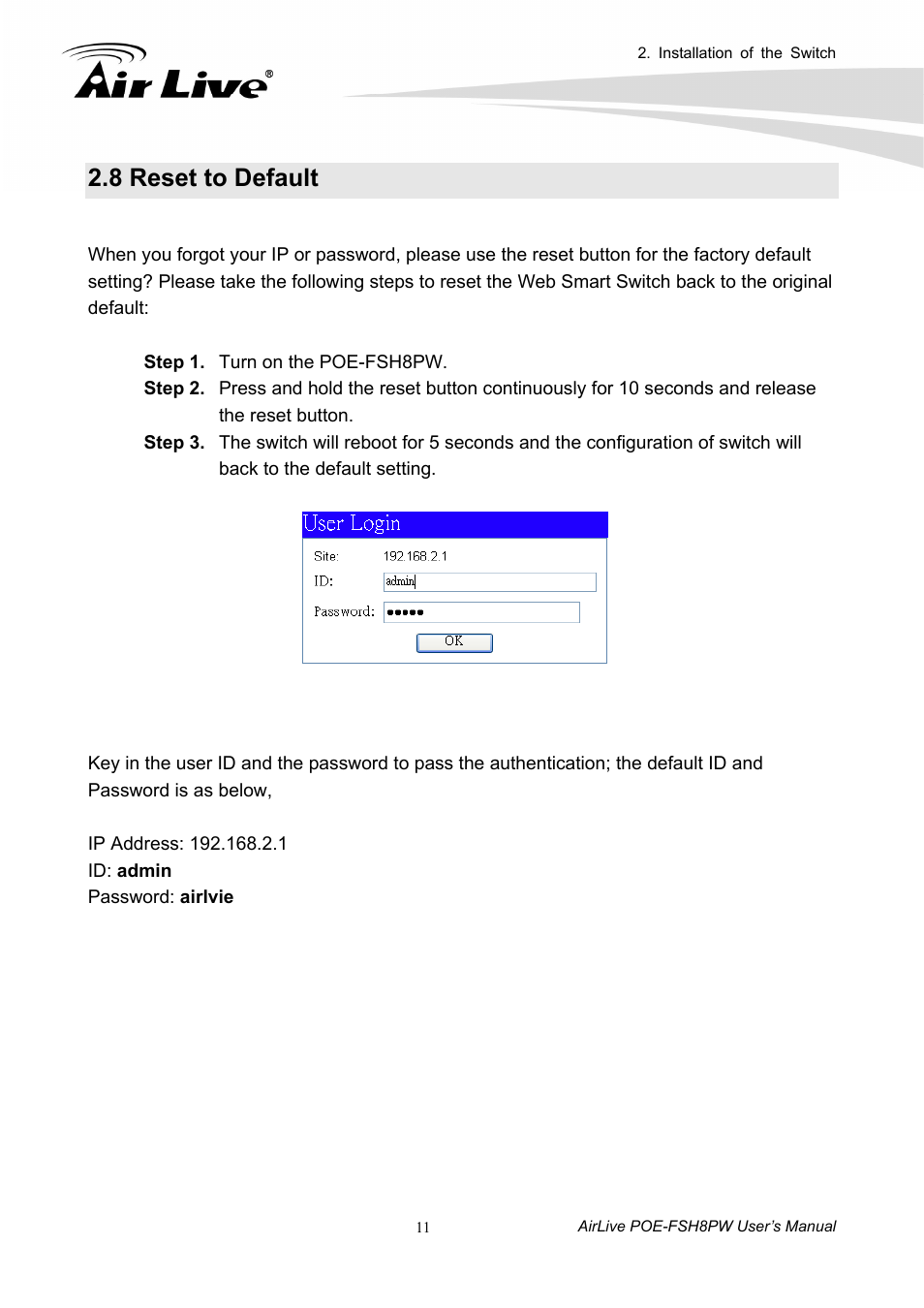 8 reset to default | AirLive POE-FSH8PW User Manual | Page 16 / 51