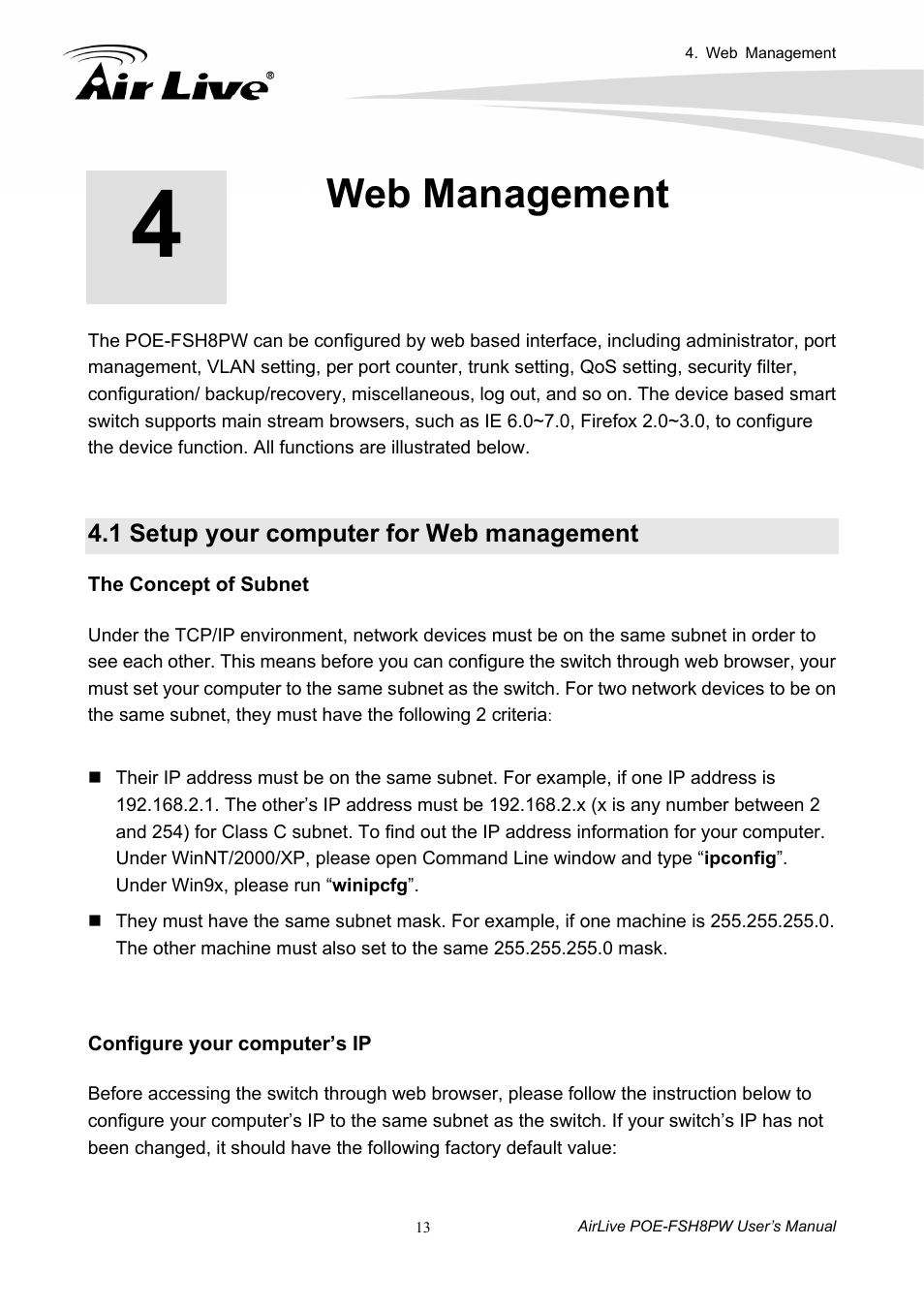 Web management, 1 setup your computer for web management | AirLive POE-FSH8PW User Manual | Page 18 / 51