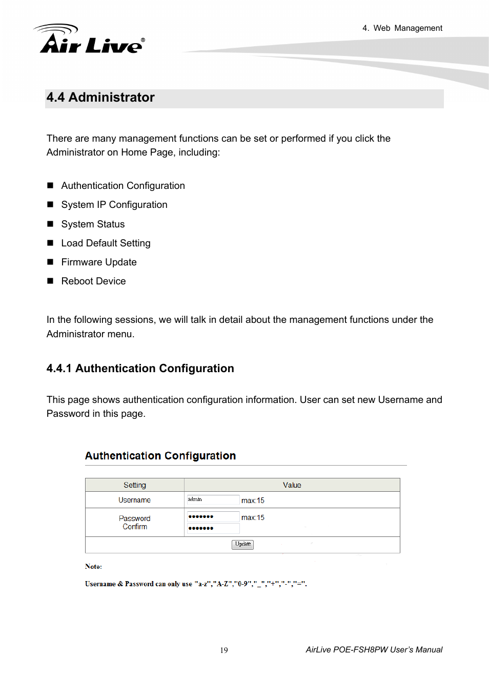 4 administrator, 1 authentication configuration, Step | Step 3, Step 2, Step 1, Step 4 | AirLive POE-FSH8PW User Manual | Page 24 / 51