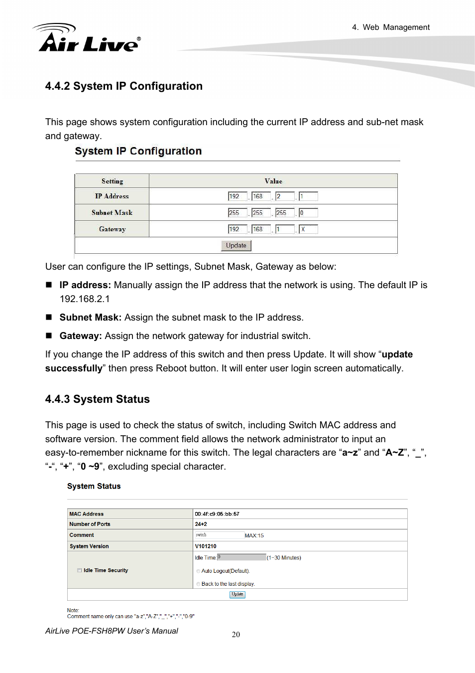 2 system ip configuration 4.4.3 system status, 2 system ip configuration, 3 system status | AirLive POE-FSH8PW User Manual | Page 25 / 51