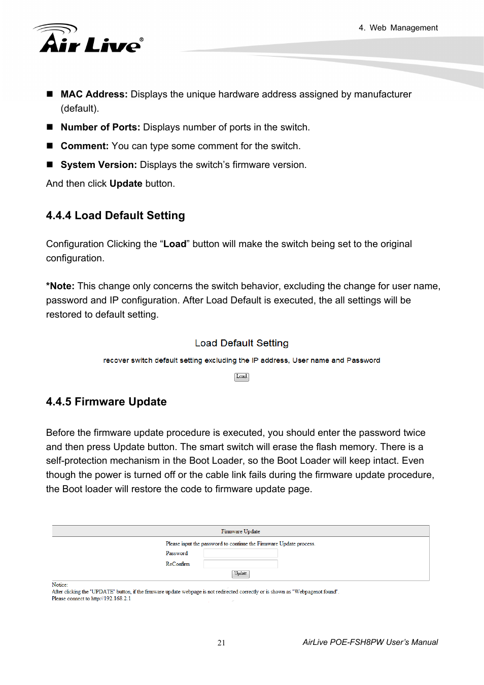 4 load default setting 4.4.5 firmware update, 4 load default setting, 5 firmware update | AirLive POE-FSH8PW User Manual | Page 26 / 51