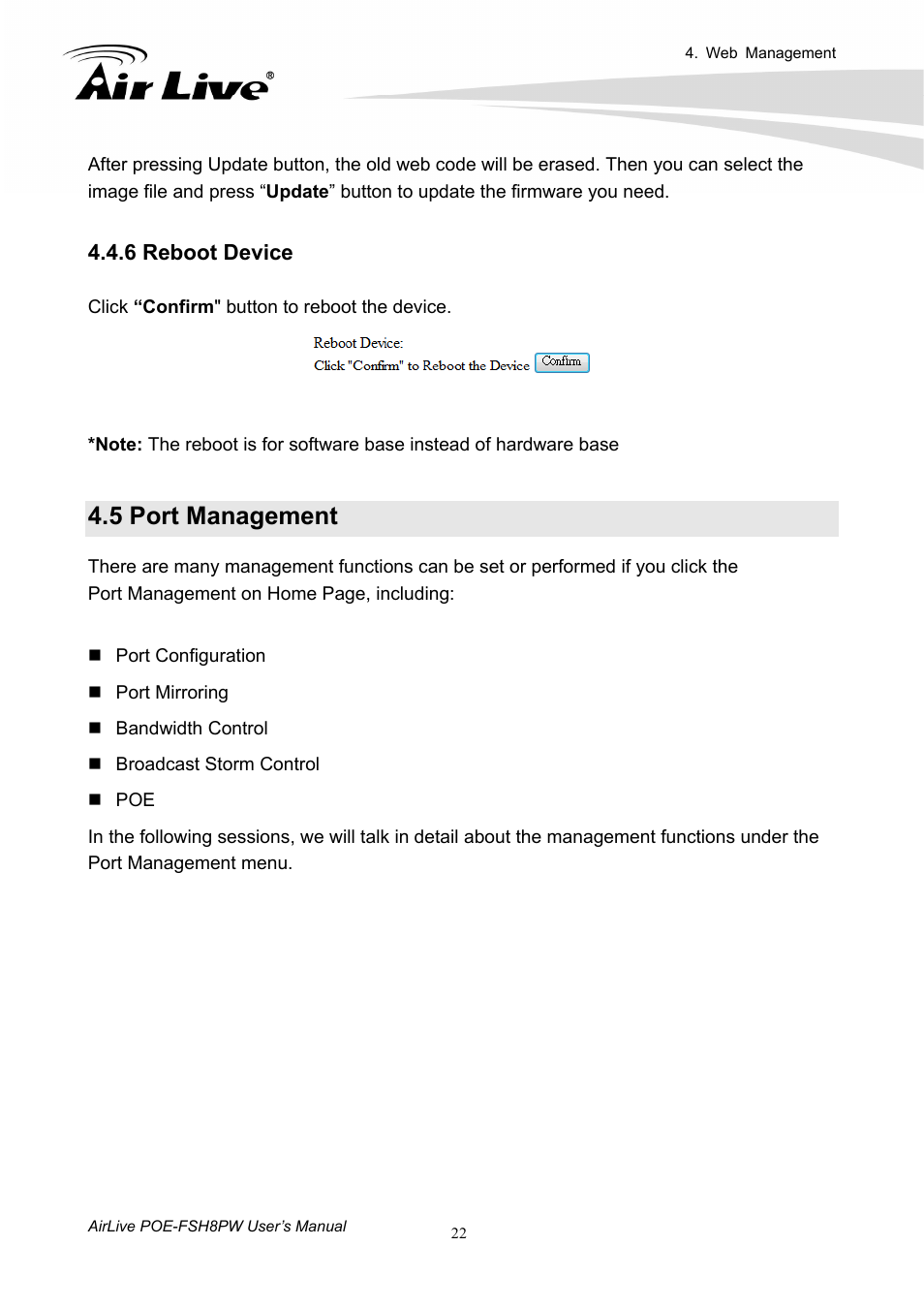 5 port management, 6 reboot device | AirLive POE-FSH8PW User Manual | Page 27 / 51