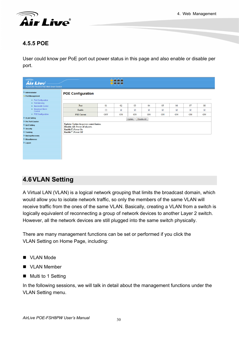 6 vlan setting, 5 poe, Vlan setting | AirLive POE-FSH8PW User Manual | Page 35 / 51