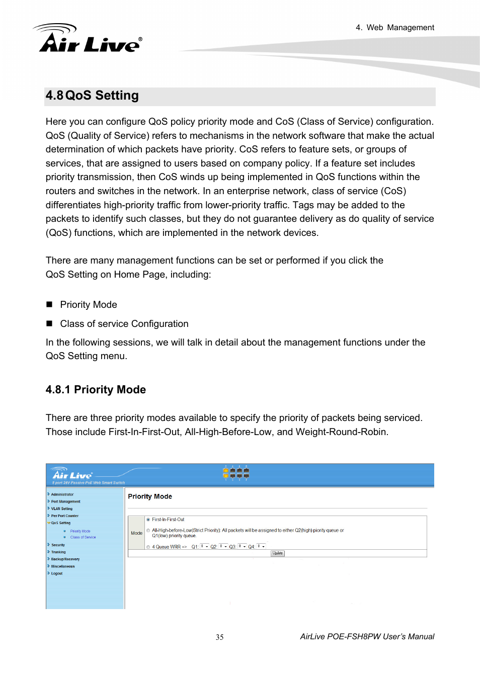 8 qos setting, Qos setting, 1 priority mode | AirLive POE-FSH8PW User Manual | Page 40 / 51