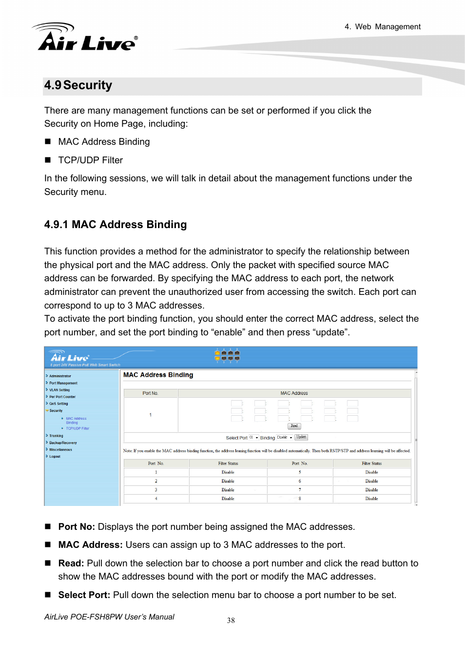 9 security, Security, 1 mac address binding | AirLive POE-FSH8PW User Manual | Page 43 / 51