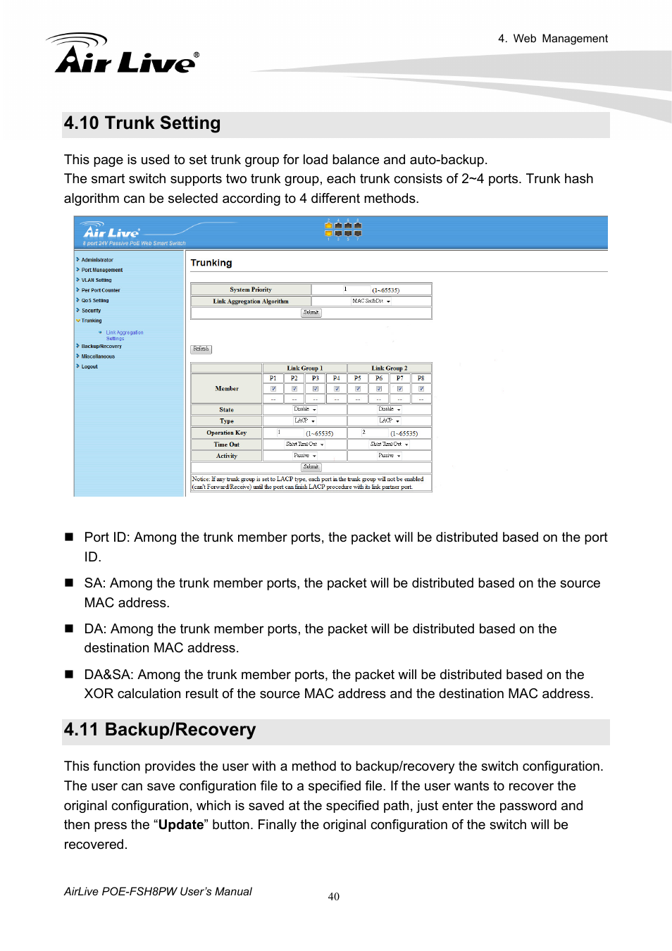 10 trunk setting, 11 backup/recovery, Trunk setting | Backup/recovery | AirLive POE-FSH8PW User Manual | Page 45 / 51