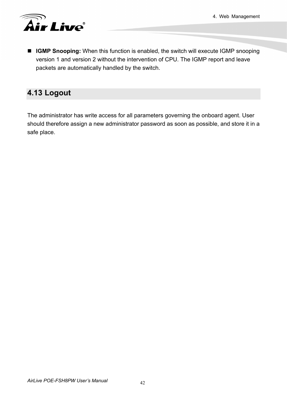 13 logout, Logout | AirLive POE-FSH8PW User Manual | Page 47 / 51