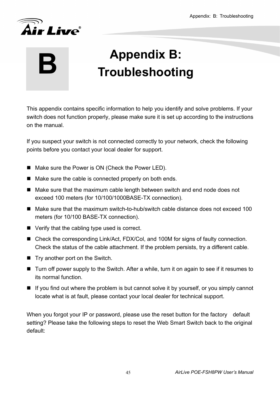 Appendix b: troubleshooting | AirLive POE-FSH8PW User Manual | Page 50 / 51