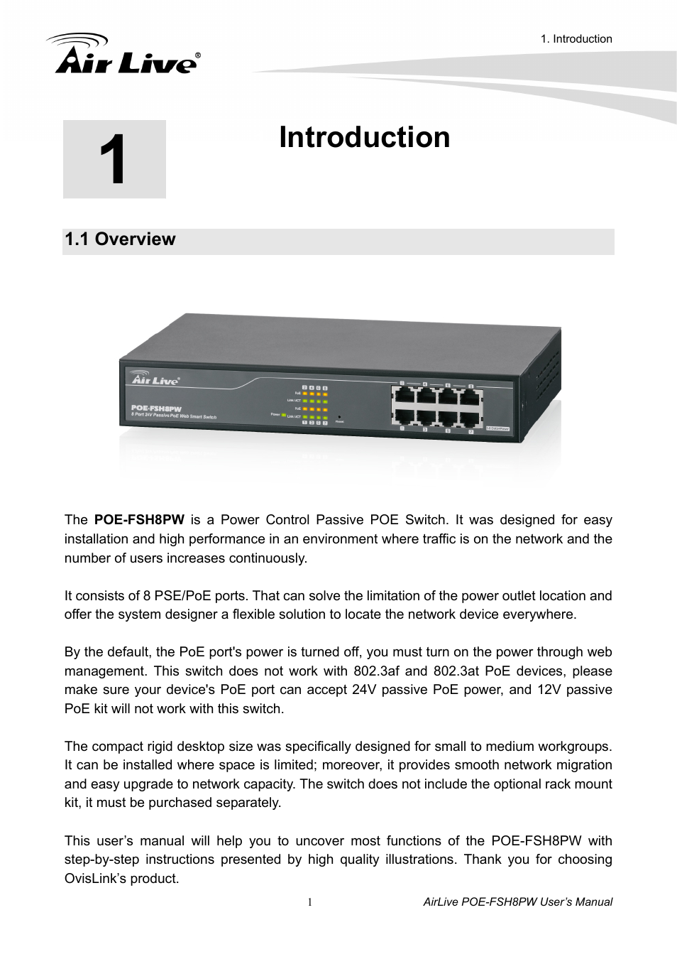 Introduction, 1 overview | AirLive POE-FSH8PW User Manual | Page 6 / 51