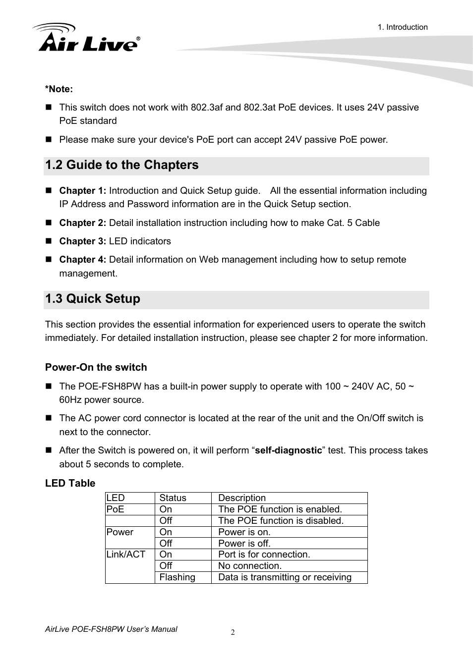 2 guide to the chapters, 3 quick setup | AirLive POE-FSH8PW User Manual | Page 7 / 51