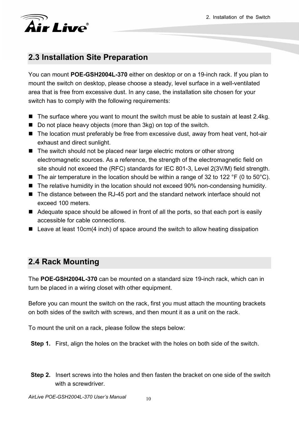 3 installation site preparation, 4 rack mounting | AirLive POE-GSH2004L-370 User Manual | Page 15 / 86