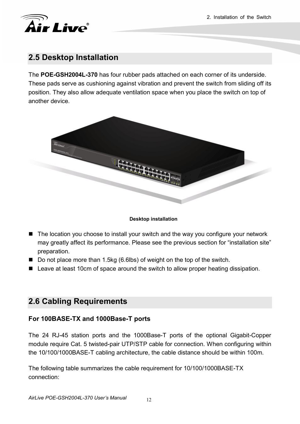 5 desktop installation, 6 cabling requirements | AirLive POE-GSH2004L-370 User Manual | Page 17 / 86