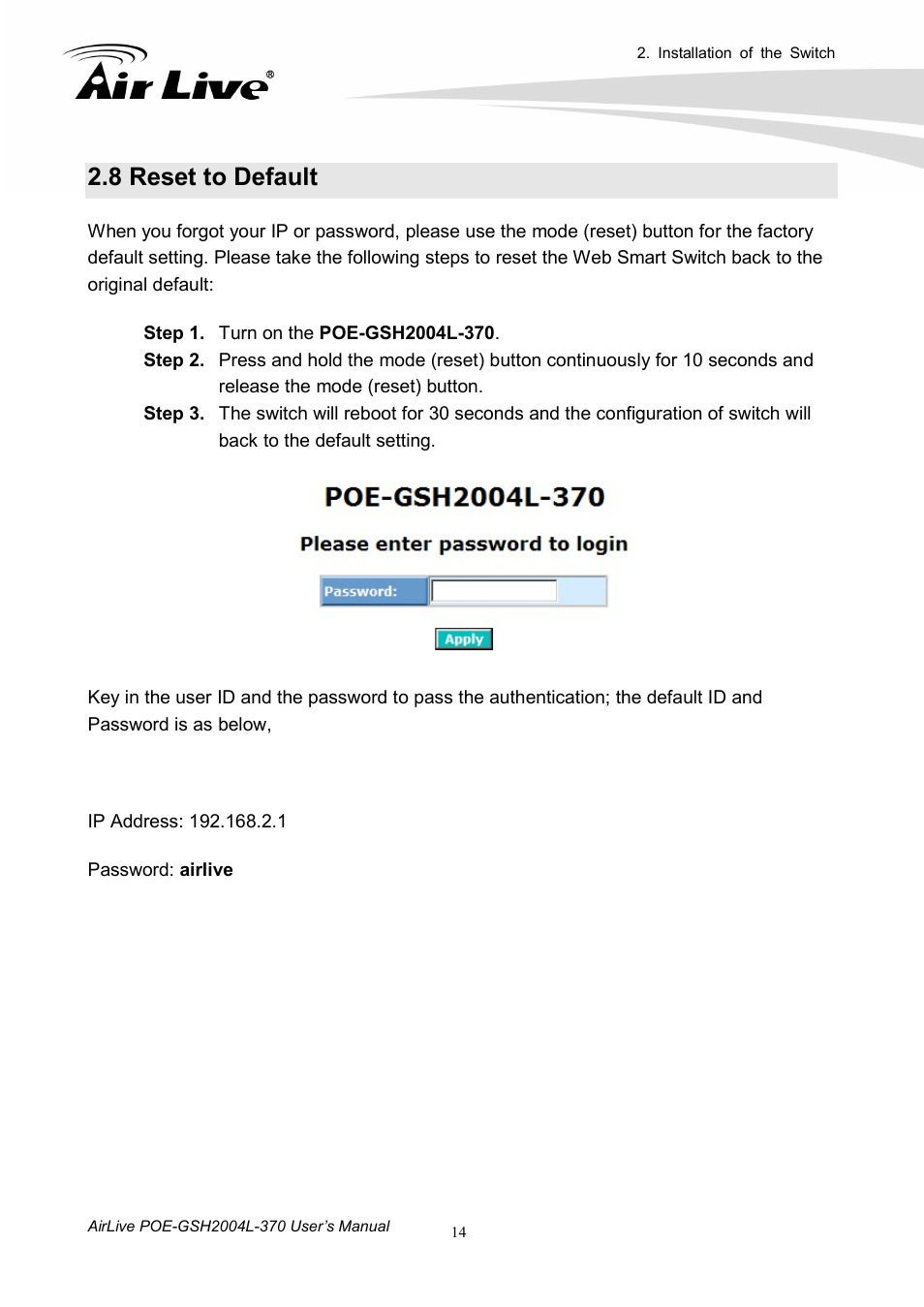 8 reset to default | AirLive POE-GSH2004L-370 User Manual | Page 19 / 86