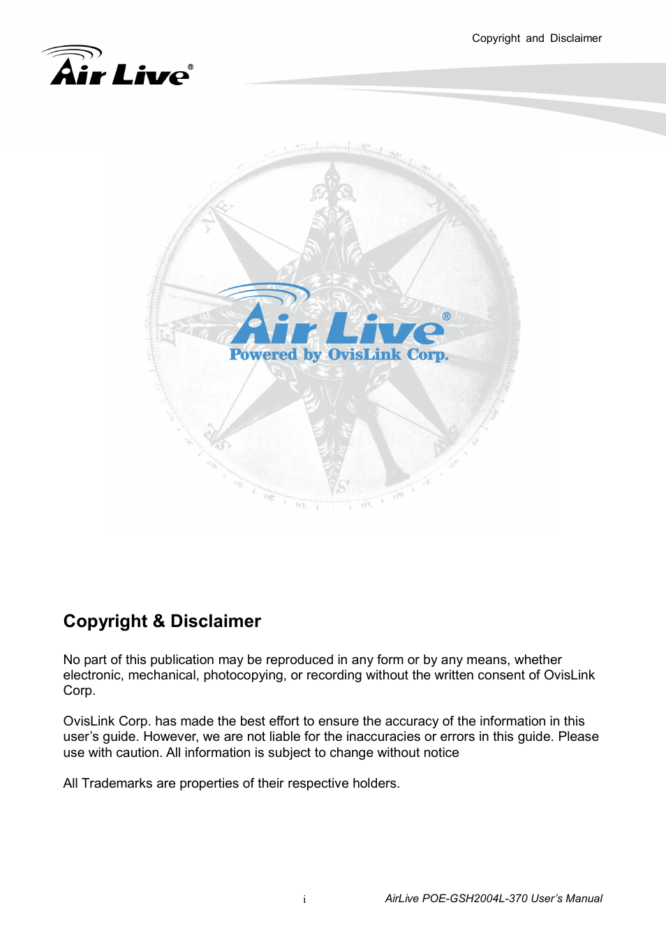 Copyright & disclaimer | AirLive POE-GSH2004L-370 User Manual | Page 2 / 86