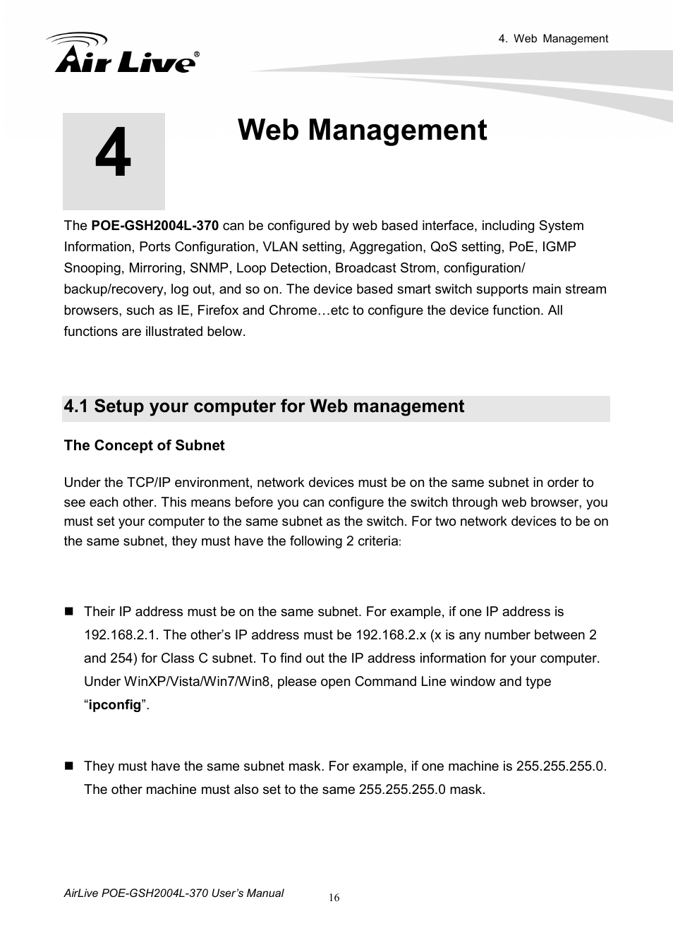 Web management, 1 setup your computer for web management | AirLive POE-GSH2004L-370 User Manual | Page 21 / 86