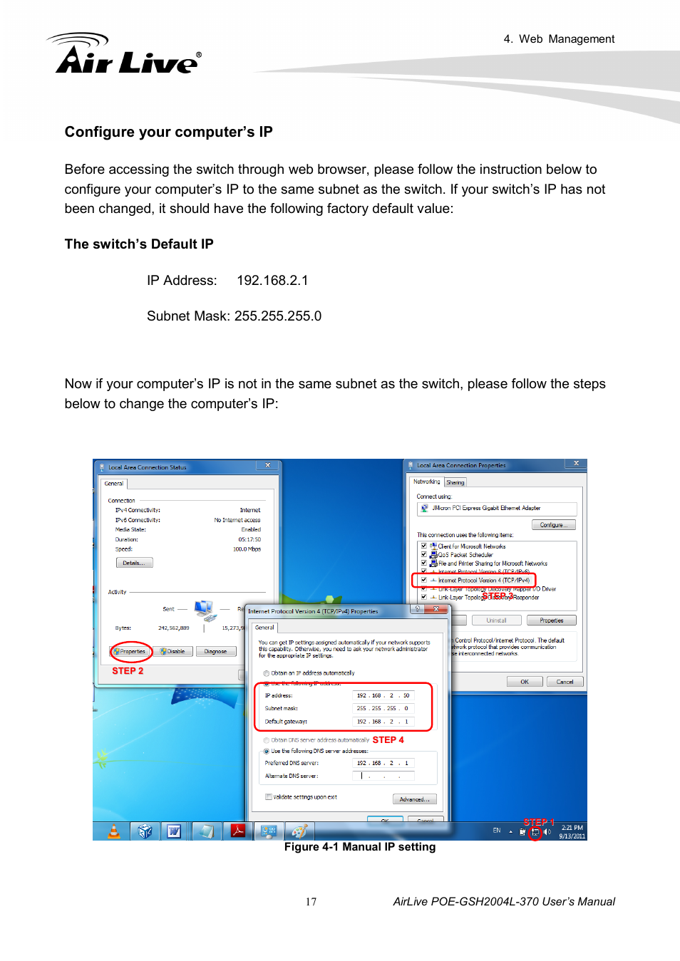 Configure your computer’s ip | AirLive POE-GSH2004L-370 User Manual | Page 22 / 86