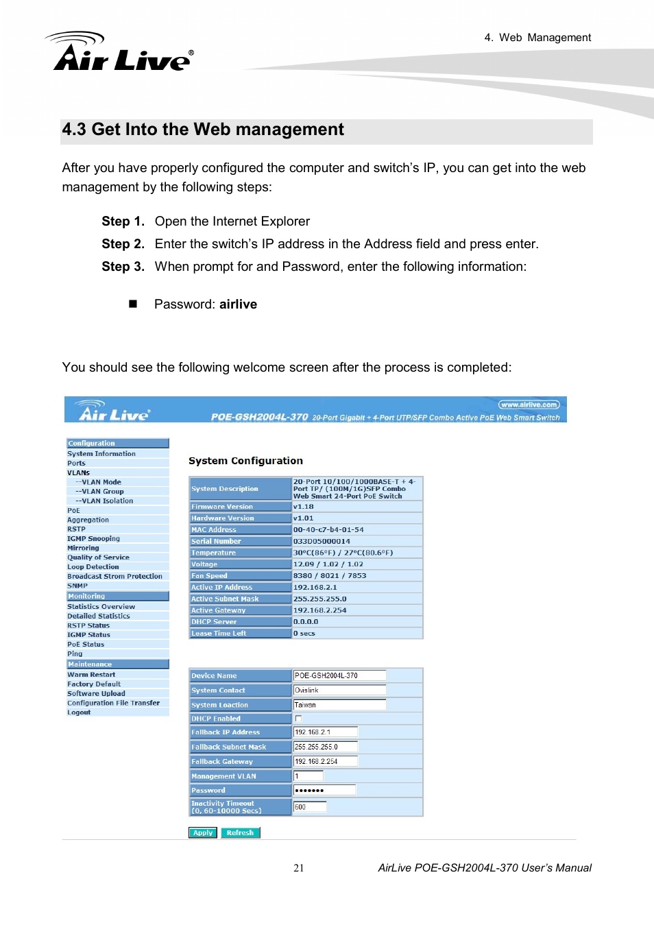 3 get into the web management | AirLive POE-GSH2004L-370 User Manual | Page 26 / 86