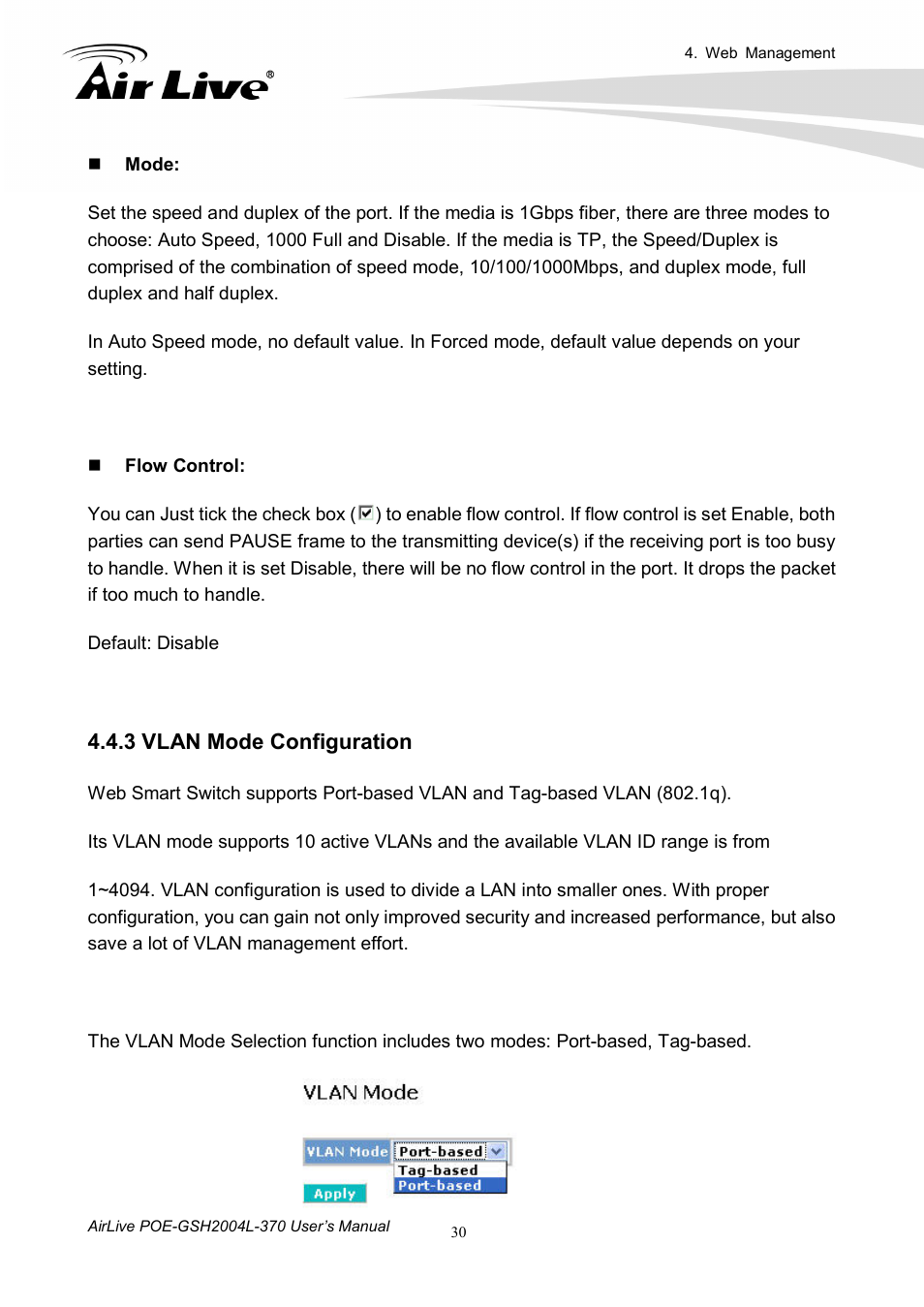 3 vlan mode configuration | AirLive POE-GSH2004L-370 User Manual | Page 35 / 86