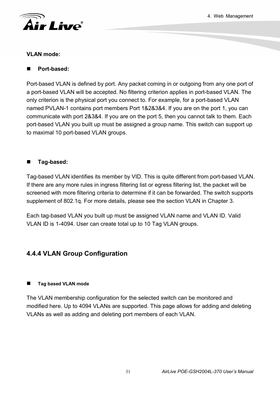 4 vlan group configuration | AirLive POE-GSH2004L-370 User Manual | Page 36 / 86