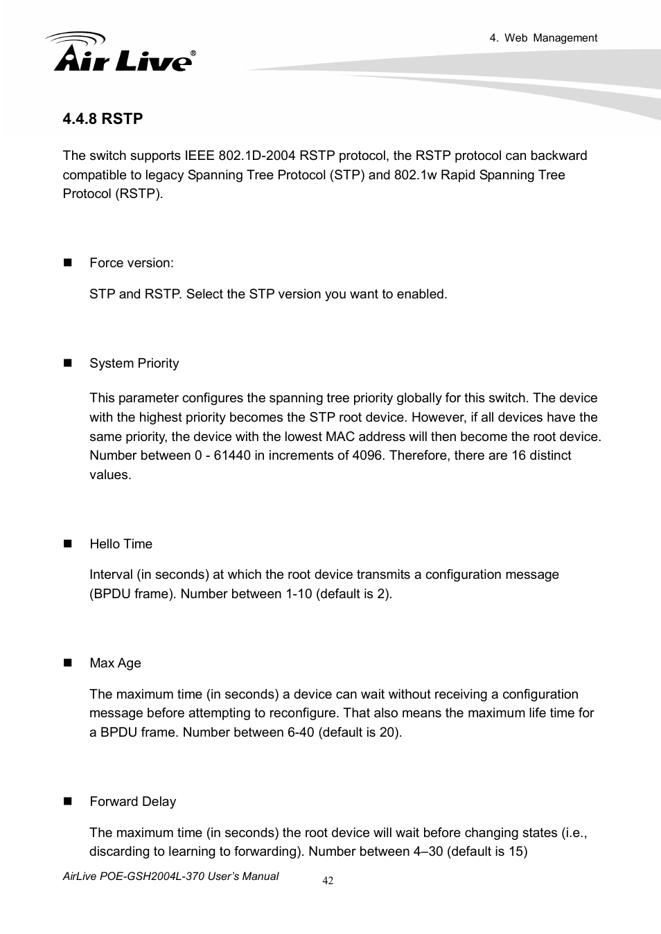 8 rstp | AirLive POE-GSH2004L-370 User Manual | Page 47 / 86