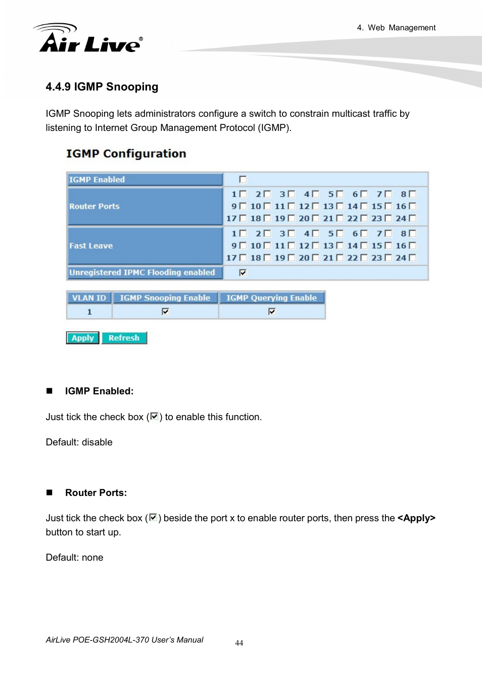 9 igmp snooping | AirLive POE-GSH2004L-370 User Manual | Page 49 / 86