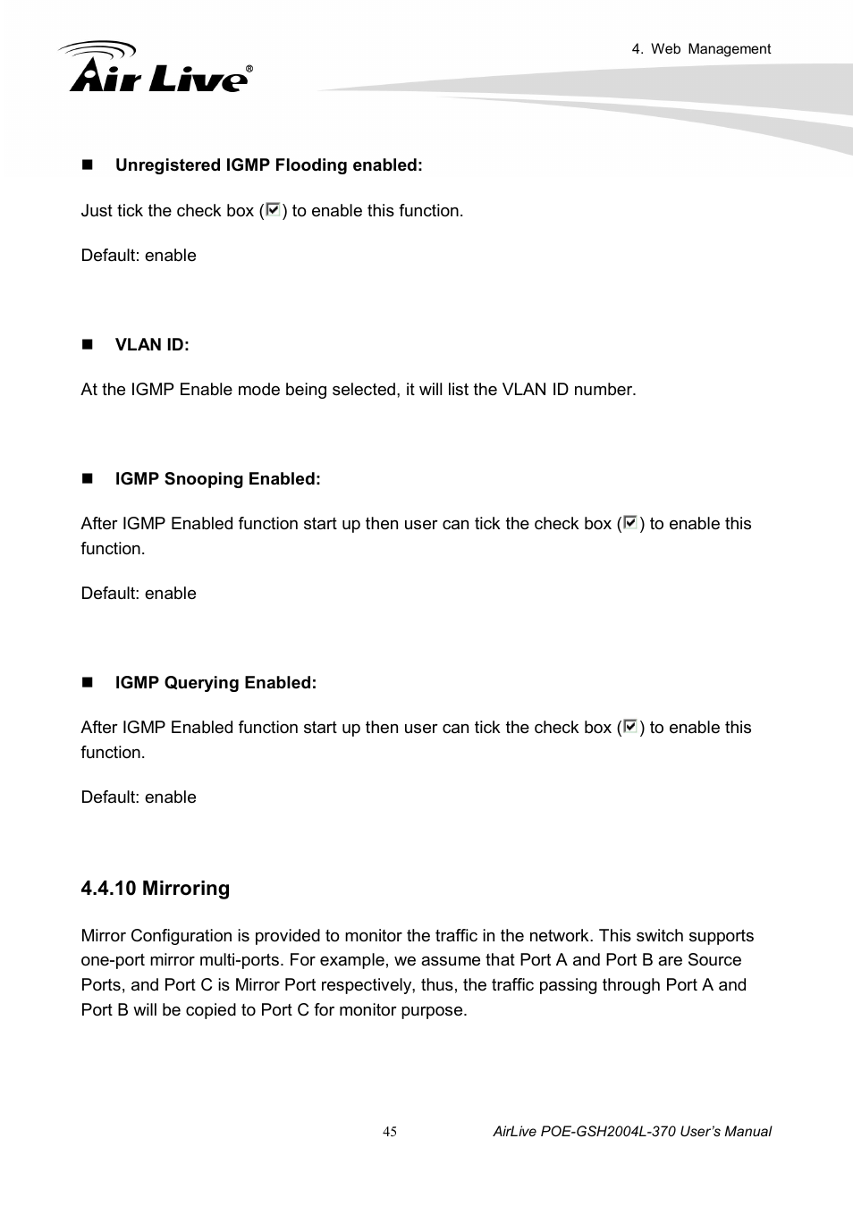 10 mirroring | AirLive POE-GSH2004L-370 User Manual | Page 50 / 86