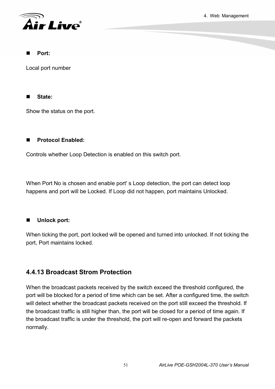 13 broadcast strom protection | AirLive POE-GSH2004L-370 User Manual | Page 56 / 86