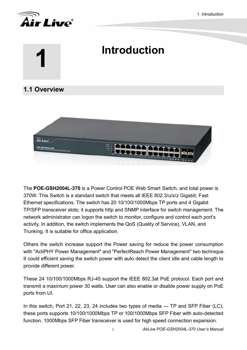 Introduction, 1 overview | AirLive POE-GSH2004L-370 User Manual | Page 6 / 86