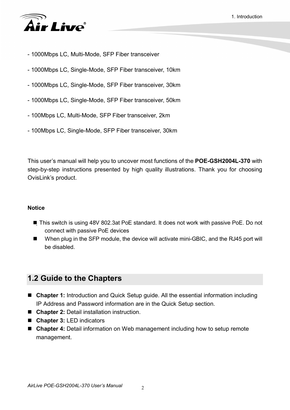 2 guide to the chapters | AirLive POE-GSH2004L-370 User Manual | Page 7 / 86