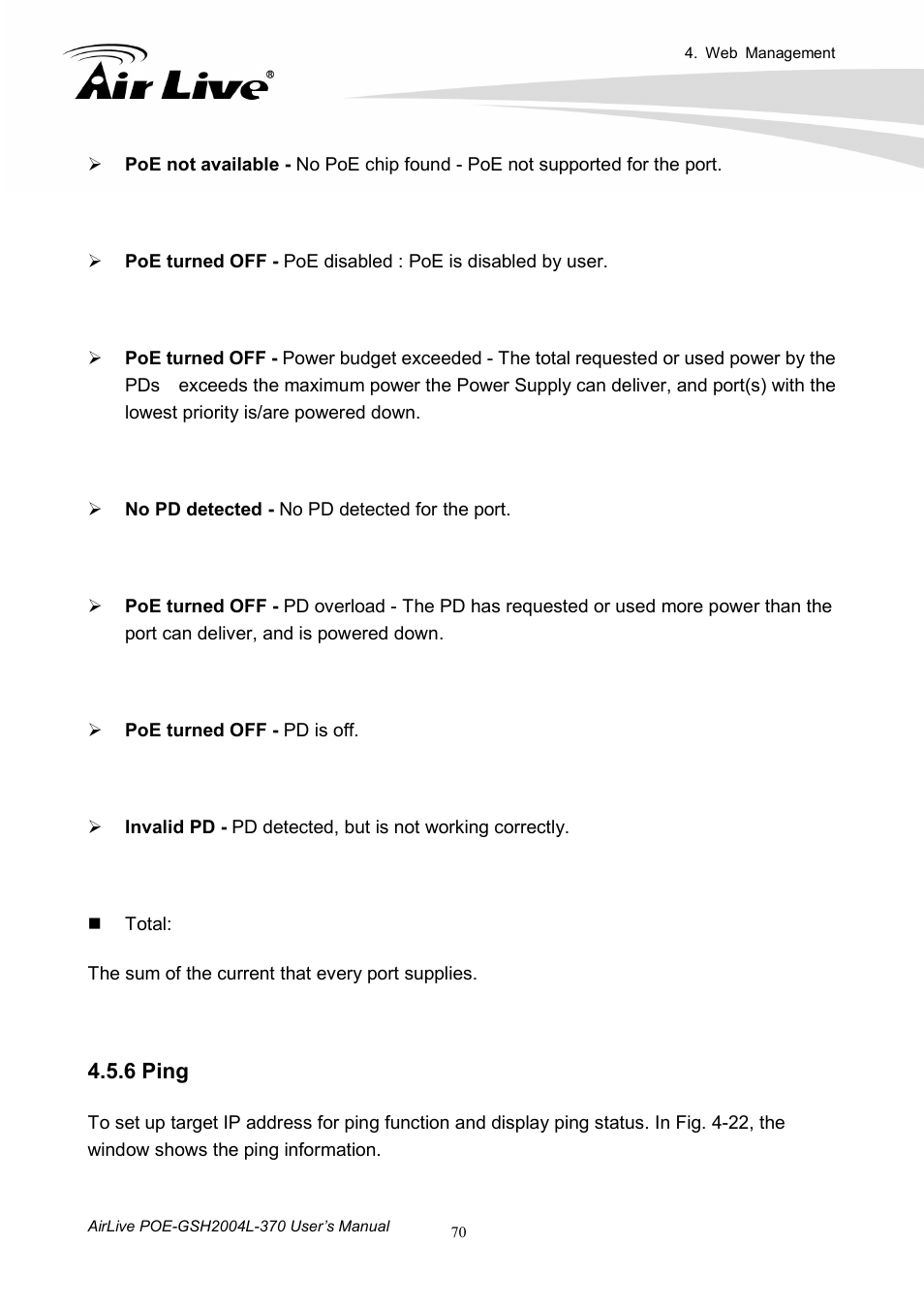 6 ping | AirLive POE-GSH2004L-370 User Manual | Page 75 / 86