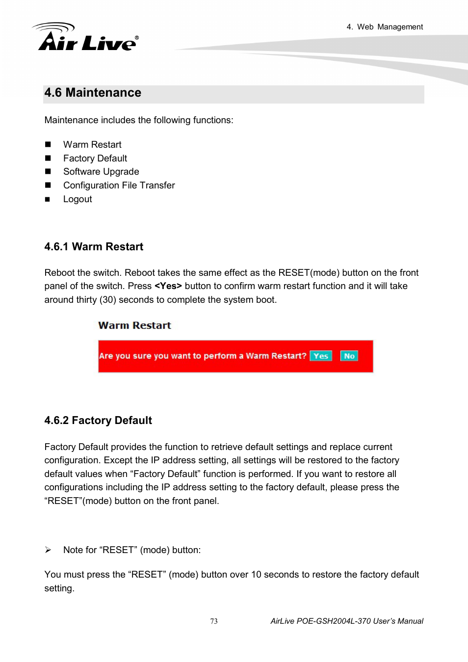 6 maintenance, 1 warm restart 4.6.2 factory default, 1 warm restart | 2 factory default | AirLive POE-GSH2004L-370 User Manual | Page 78 / 86