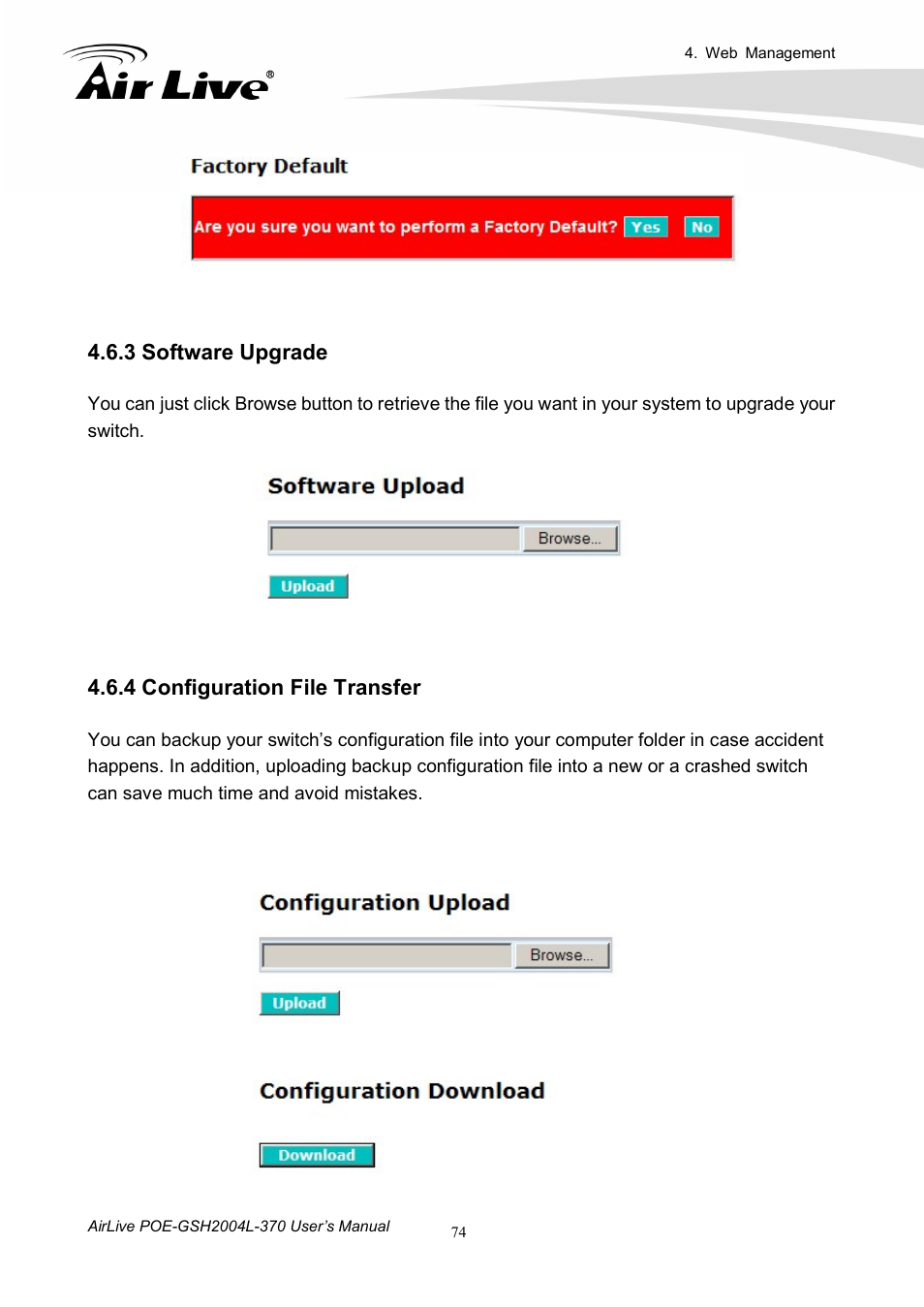 3 software upgrade, 4 configuration file transfer | AirLive POE-GSH2004L-370 User Manual | Page 79 / 86