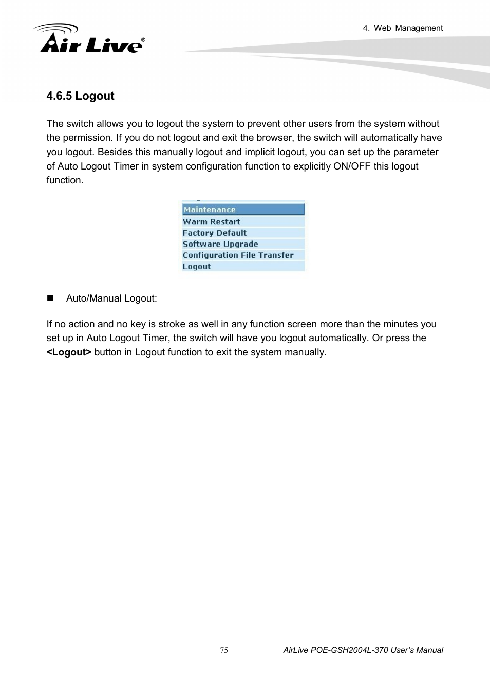 5 logout | AirLive POE-GSH2004L-370 User Manual | Page 80 / 86