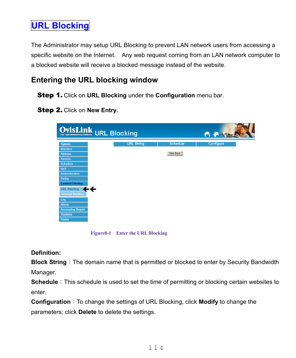 Url blocking, Entering the url blocking window | AirLive RS-1000 User Manual | Page 119 / 197