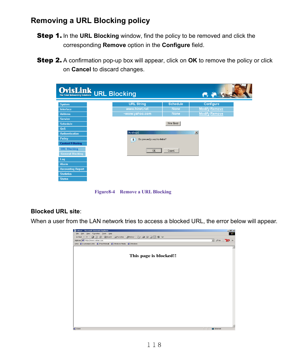 Removing a url blocking policy | AirLive RS-1000 User Manual | Page 123 / 197