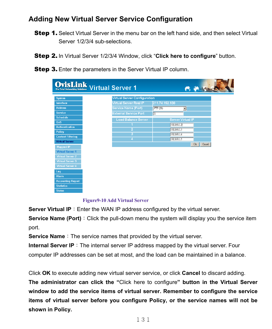 Adding new virtual server service configuration | AirLive RS-1000 User Manual | Page 136 / 197