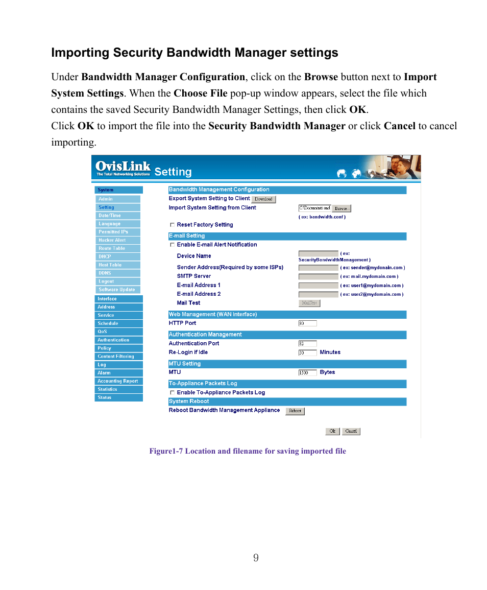 Importing security bandwidth manager settings | AirLive RS-1000 User Manual | Page 14 / 197