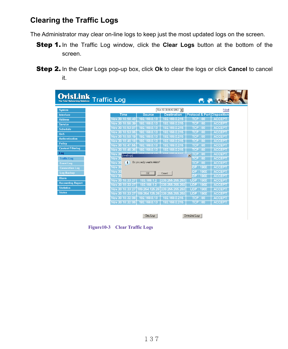 Clearing the traffic logs | AirLive RS-1000 User Manual | Page 142 / 197