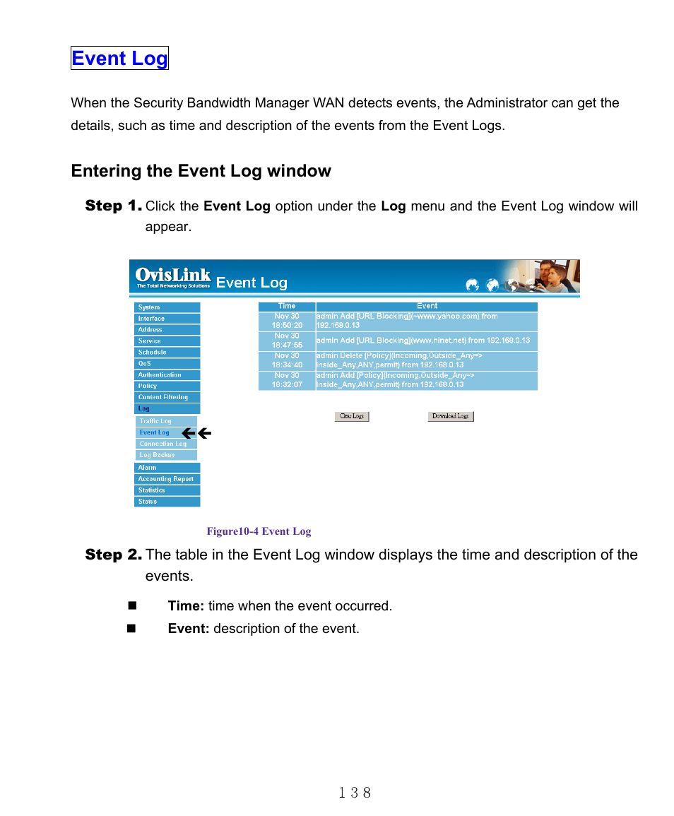 Event log, Entering the event log window | AirLive RS-1000 User Manual | Page 143 / 197