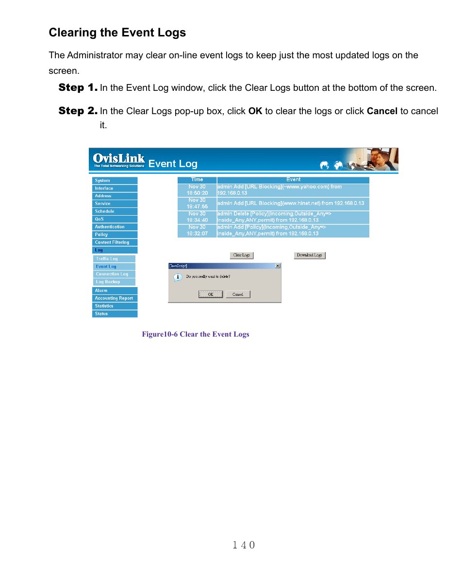 Clearing the event logs | AirLive RS-1000 User Manual | Page 145 / 197