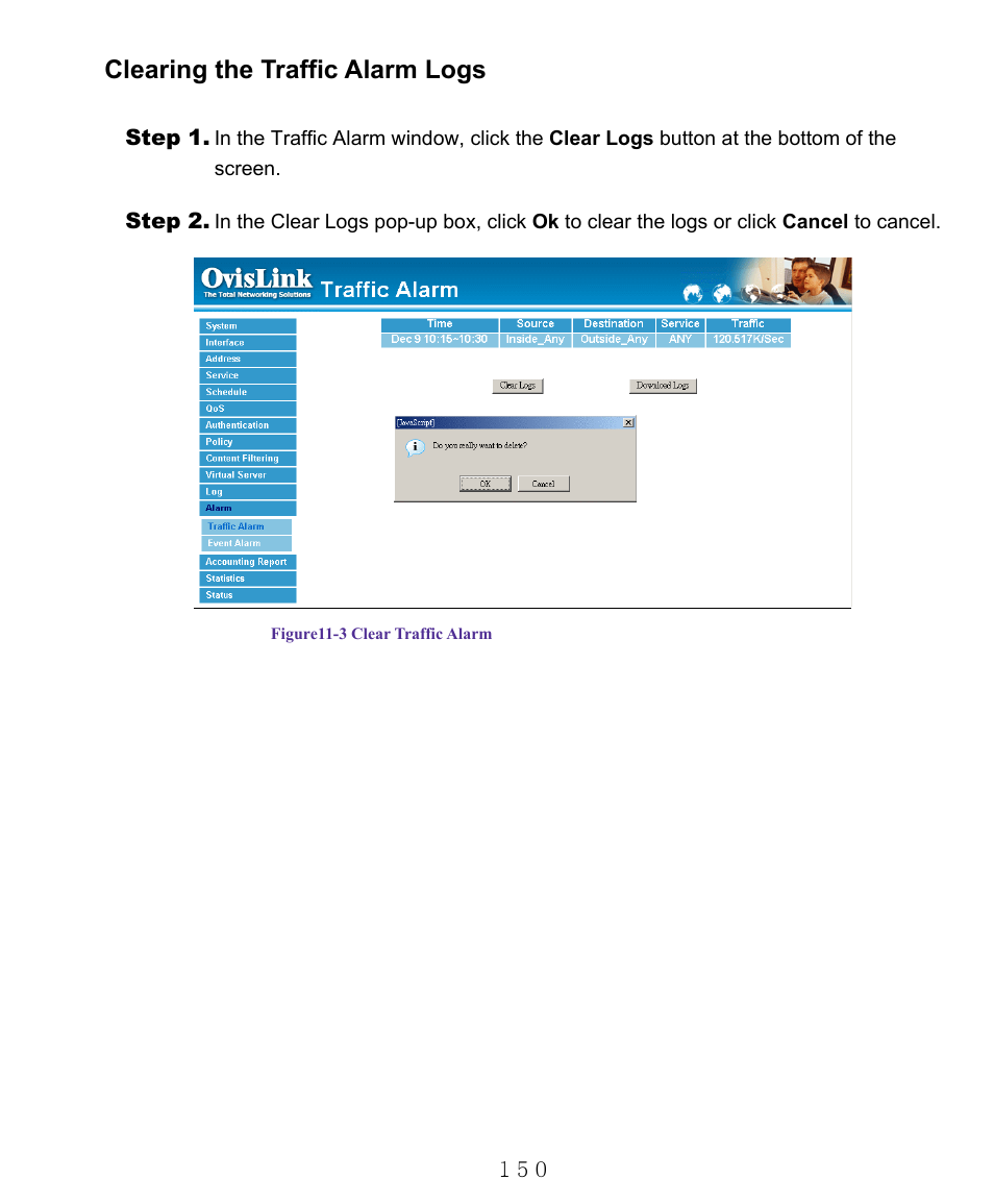 Clearing the traffic alarm logs | AirLive RS-1000 User Manual | Page 155 / 197